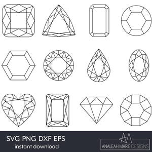 May include: A set of 12 black and white line art diamond shapes. The shapes include a square, triangle, rectangle, octagon, hexagon, pear, oval, heart, emerald, and a round diamond.