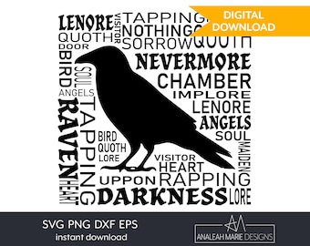 Raven Silhouette Word Cloud SVG | Gothic Poe Design (Digital Download)