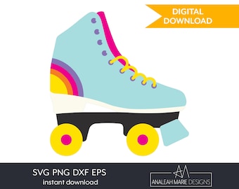May include: A light blue roller skate with yellow wheels and a rainbow design on the side. The skate has a black base and a white toe cap.