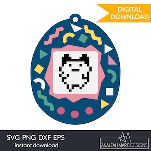 May include: A blue and pink digital pet toy with a pixelated image of a white creature with black eyes and ears. The toy is surrounded by geometric shapes in yellow, green, and pink.