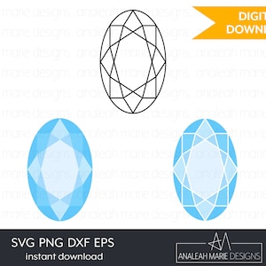 May include: A digital download of an oval-shaped diamond with a starburst design. The diamond is shown in black outline, light blue, and a darker blue color.