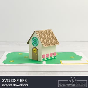 Bonita tarjeta desplegable de cabaña primaveral SVG, tarjeta DIY de 13 x 18 cm para Cricut y Silhouette, tarjeta de Pascua primaveral para el Día de la Madre, archivo de corte 3D, tulipanes y margaritas