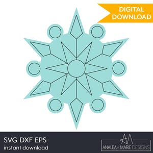 May include: A teal and black geometric design with a star-like shape, featuring pointed edges, circles, and diamond shapes. The words "DIGITAL DOWNLOAD" are in a yellow banner. The bottom of the image has the text "SVG DXF EPS instant download".