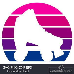 May include: White silhouette of a roller skate set against a retro sunset design in shades of pink, purple, and blue. The image includes the text "SVG PNG DXF EPS instant download" and the designer's logo.