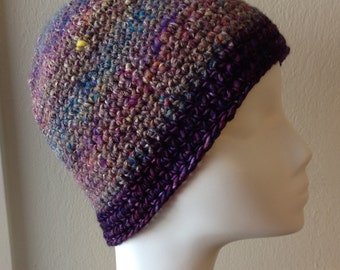 Crocheted Wool and Silk Hat, tweedy stripes and contrasting wool brim for women