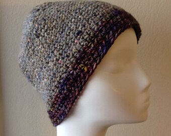 Crocheted Wool and Silk Hat, tweedy stripes and contrasting wool brim for women