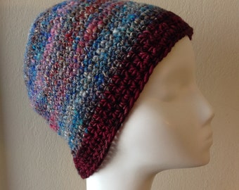 Crocheted Wool and Silk Hat, tweedy stripes and contrasting wool brim for women