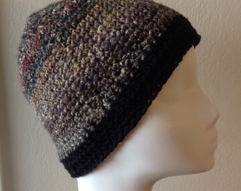 Crocheted Wool and Silk Hat, tweedy stripes and contrasting wool brim for women