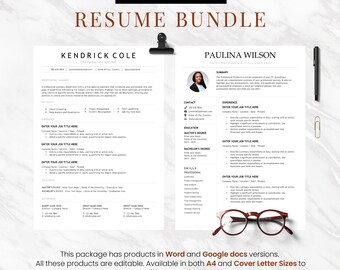 Professional Resume Bundle of 5, 1 and 2 pages Bundle, Microsoft Word Template, Google Doc Template, cover letter, icon pack, 5 Bundles