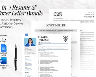 5 in 1 Resume & Cover Letter Bundle | Nurses | Teachers | Customer Service Professionals | Instant Download | Microsoft Word | Google Docs |