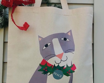 Cute Holiday Canvas tote bag Gray cat peace wreath market bag