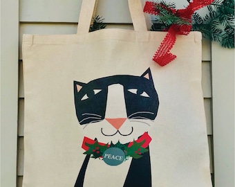 Cute Holiday Canvas tote bag tuxedo cat peace wreath market bag