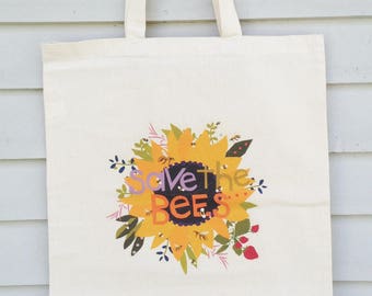 Canvas tote bag save the bees hand drawn typography honey bee illustration