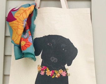 Canvas tote bag black lab dog with flowers market bag