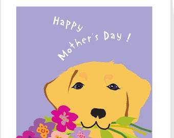 Happy Mothers Day greeting card yellow lab with flower bouquet
