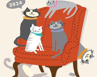 Cat Calendar 2024 Sweet Folk Art Cats on a big Red Chair Poster Wall Calendar Original Illustrations