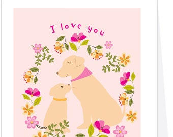 Mothers Day greeting card Yellow lab Mom and cute puppy in flower wreath