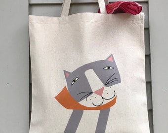 Canvas tote bag cute gray cat with orange scarf market tote