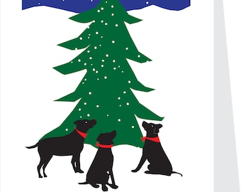 4 greeting cards black labs with evergreen tree in snowy sky