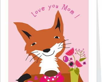 Mothers Day greeting card love you Mom Cute fox serving breakfast Note card