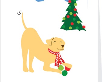 yellow lab with christmas balls greeting cards