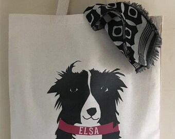 Custom Dog Name Canvas tote bag Border Collie Dog Market Bag