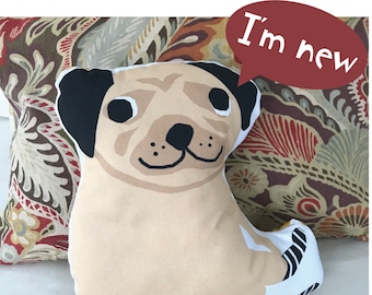 Stuffed Pug Pillow: Soft Floral Cotton Reverse, 11"x10"
