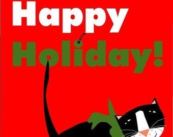tuxedo cat happy holiday greeting card