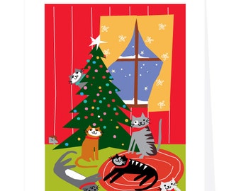 Cats christmas cards cats in a bright red room card collection