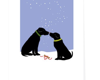 Holiday card black or yellow labs with simple gift in snow winter greeting card