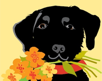 Black Lab with flowers Original Illustration matted in 11 x 14 inch white mat