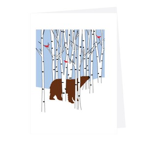 greeting card brown bear in white birches with cardinals holiday card