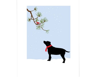 Greeting Card Collection Yellow or Black Lab with Cardinal on White Pine 4 cards set