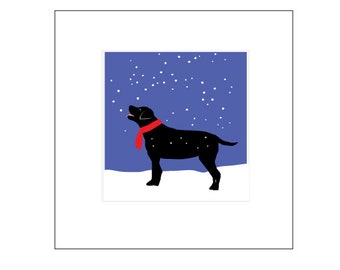 Winter Black Lab Original Illustration print matted in 8 x 8  inch white mat