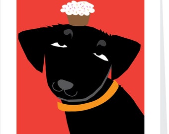 Birthday greeting card black lab with cupcake