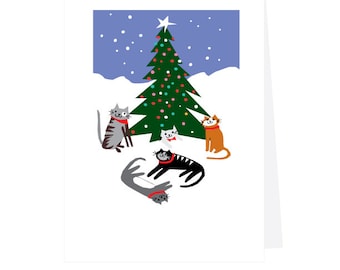 May include: A Christmas card featuring a green Christmas tree with colorful ornaments and five cats in a snowy landscape. The cats are wearing red scarves and are gathered around the tree.