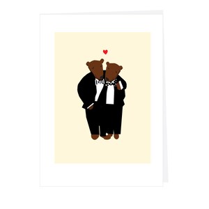 May include: Two brown bears wearing black suits and bow ties stand together with a red heart above them. The bears are on a light yellow background.