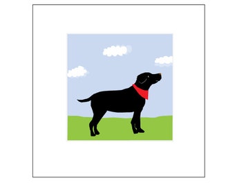 Spring Black Lab Original Illustration print matted in 8 x 8  inch white mat