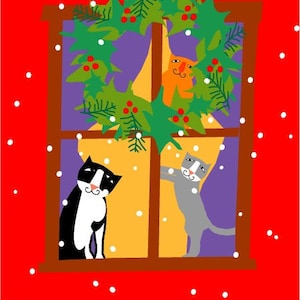 Cat Christmas Greeting Cards: Wreath in Window, Set of 4