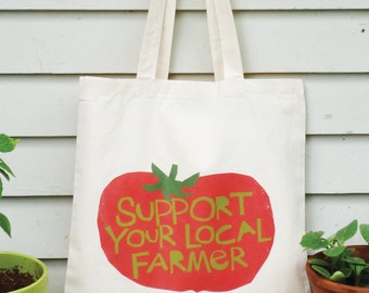 Canvas tote bag Support your local farmer hand drawn typography with tomato