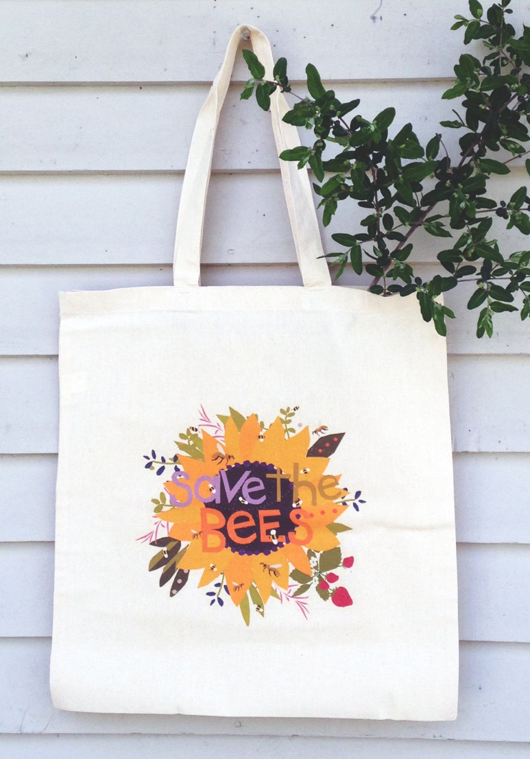 Canvas Tote Bag Save the Bees Hand Drawn Typography With Sunflower Bees ...