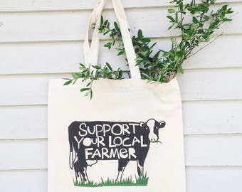 Canvas tote bag Support your local farmer hand drawn typography black and white cow