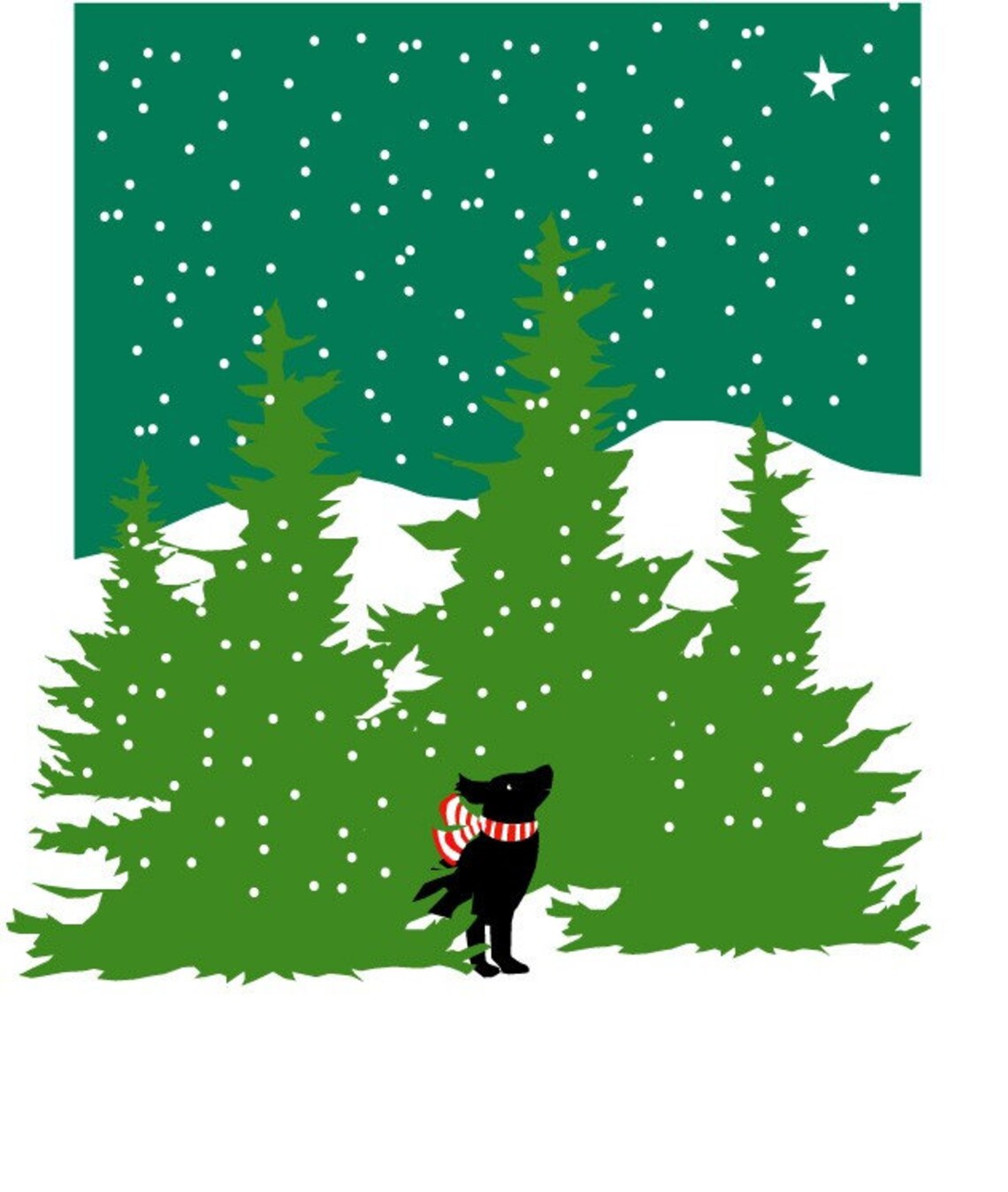 Black lab in evergreens winter scene print in mat | Etsy