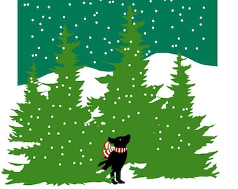 greeting cards black lab in evergreens with snow