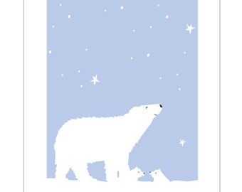 Greeting Cards Polar Bear and cubs pale blue starry sky