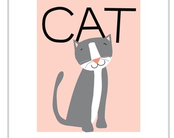 Gray Cat Art Print, Nursery Wall Decor (11x14 inch Mat)