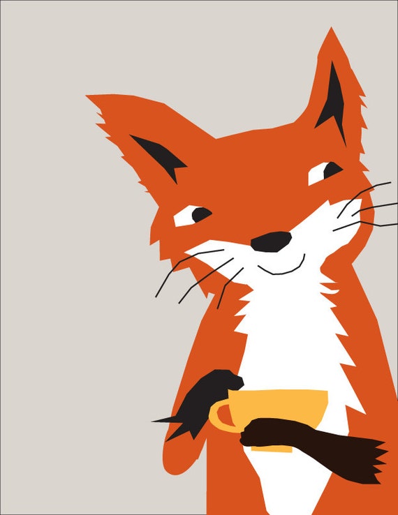 red fox portrait having tea 8 x 10 inch print in 11x14 mat