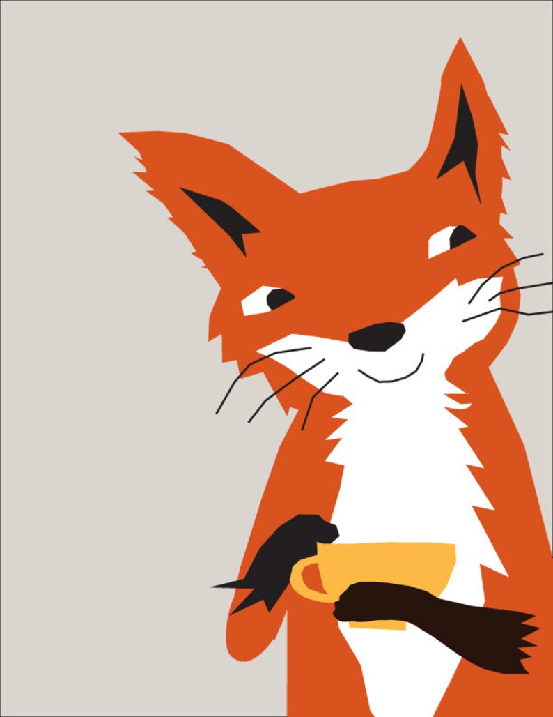 May include: A cartoon illustration of a red fox holding a yellow teacup. The fox has a white chest and a black nose. The fox is smiling.