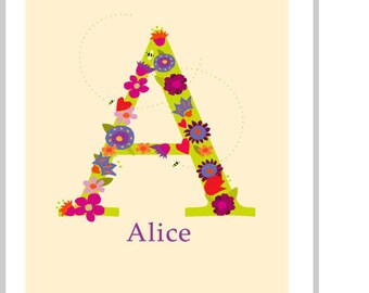 Custom Initial letter print  8 x 10 in 11 x 14 inch mat pastel flowers