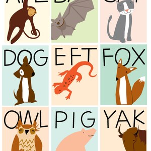 Nursery art original illustrations 3 letter animals 8 x10 inch wall decor